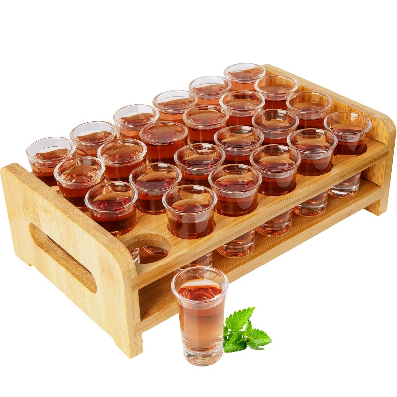 SuproBarware Shot Glasses Set 05 Oz066 Oz15 Ml20 Ml Cocktail Holder and Shot Glass Mini 24 pcs Drinks Serving Board Organizer with Clear Glass for Liquor Shots Whisky Brandy Vodka Rum