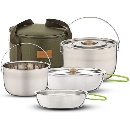 Wealers Camping Cookware Set - Compact Stainless Steel Campfire Cooking Pots and Pans | Combo Kit with Travel Tote Bag | Rugged Outdoor Cook Set for Hiking (4 Piece Pot & Pan Set) - Image 1
