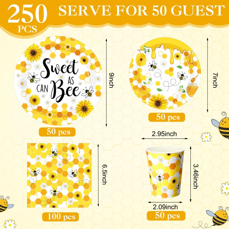 Funnymoom 250 Pcs Bee Party Decoration Sweet as Can Bee Paper Plates Napkins and Cups Party Tableware Set for Honey Baby Shower Gender Reveal Birthday Decorations  Serves 50 - Image 2