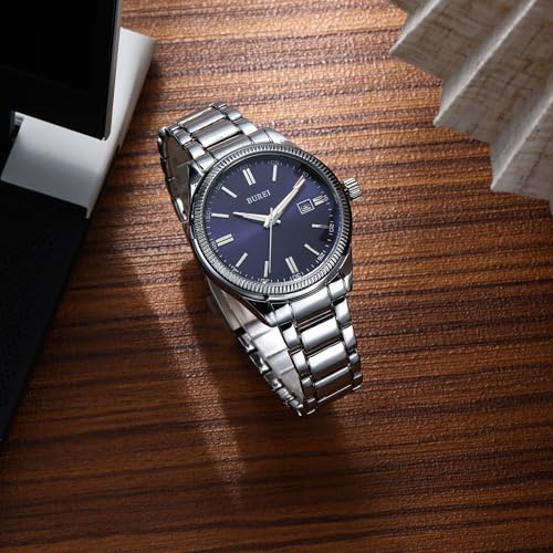 BUREI Mens Watches Fashion Stainless Steel Quartz Watches for MenWaterproof Luxury Dress Design Gifts for Men deep Blue Silver - Image 3