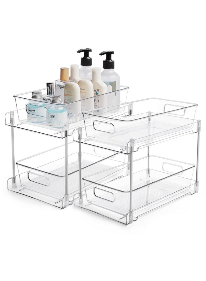 2 Tier Bathroom Storage Organizer, 2 Pack Clear Under Sink Organizers Vanity Counter Container, Cabinet Drawers Bins, Pull-Out Organization with Track for Pantry, Kitchen - Image 1