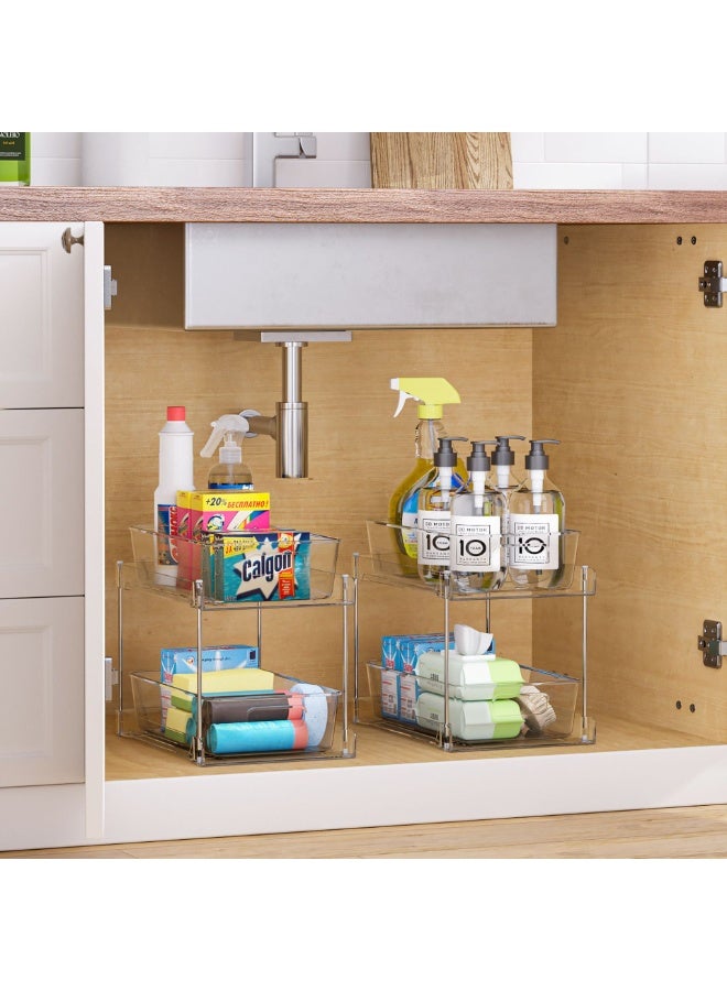 2 Tier Bathroom Storage Organizer, 2 Pack Clear Under Sink Organizers Vanity Counter Container, Cabinet Drawers Bins, Pull-Out Organization with Track for Pantry, Kitchen - Image 2
