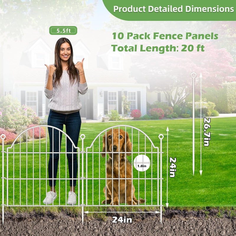 Blingluck 10 Panels No Dig Decorative Garden Fence for Yard, 24in (H) x 20ft (L) Rustproof Metal Wire Panel Border Animal Barrier Fencing for Dog, Rabbits, Flower Bed Edging Ornamental with Ground Stake, White - Image 2