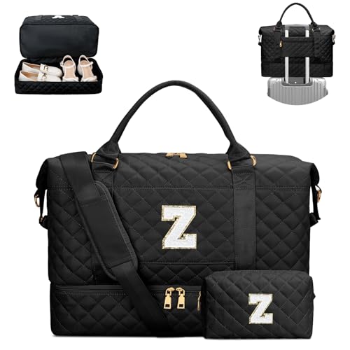 CLOUDWINGS Gifts for Women Birthday Initial Travel Duffle Bag Quilted Weekender Bags CarryOn Overnight with Cosmetic Bag Gym Bag with Shoe Compartment Hospital Bag for Women Labor Delivery Black Z - Image 1