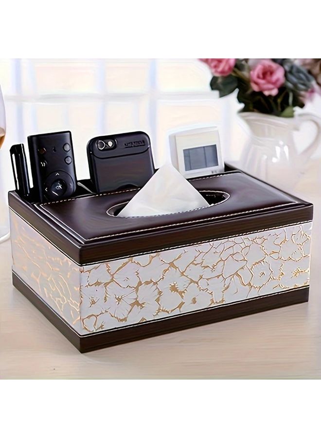 White Golden Faux Leather Tissue Box Holder With Remote Control And Smartphone Organizer - Image 4