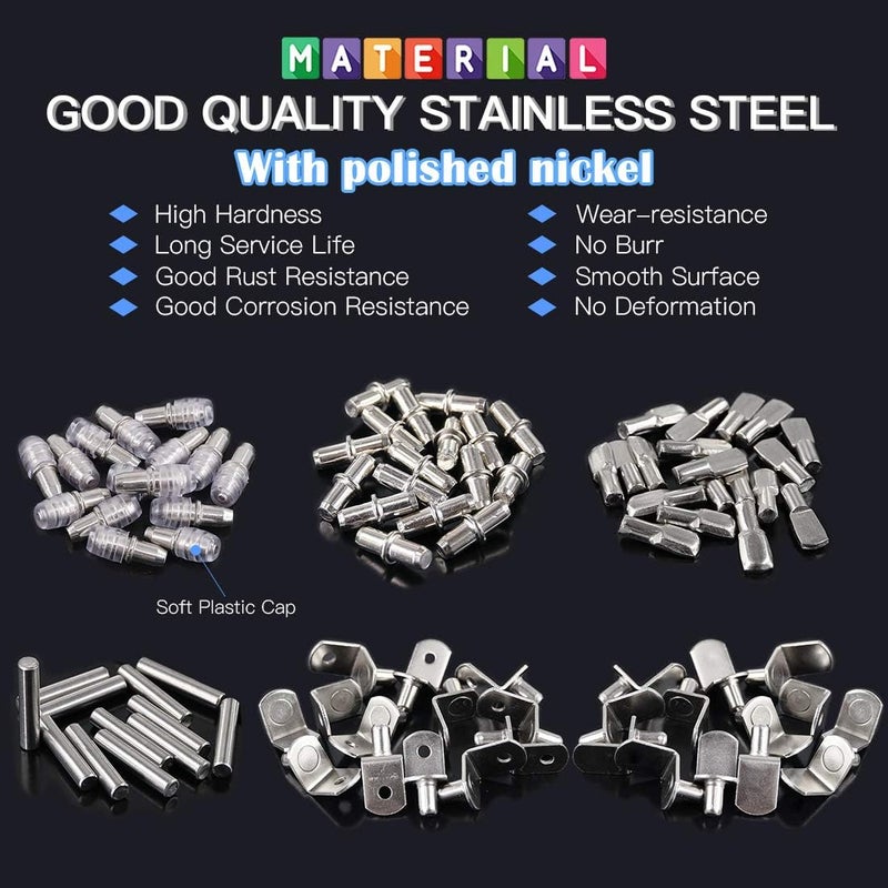 Glarks 156Pcs 6 Styles Shelf Pins Kit, Nickel Shelf Support Pegs, PVC Shelf Pins, Flat Spoon Pegs, Cylindrical Pins Holder, L-Shaped Bracket and Dowel Pins for Cabinets - Image 3