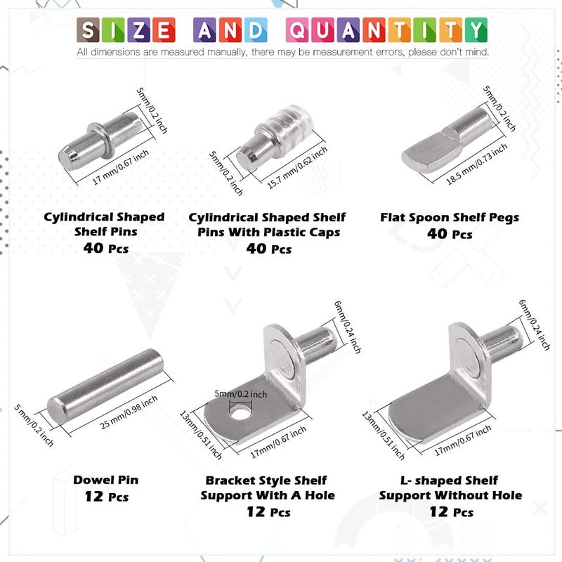 Glarks 156Pcs 6 Styles Shelf Pins Kit, Nickel Shelf Support Pegs, PVC Shelf Pins, Flat Spoon Pegs, Cylindrical Pins Holder, L-Shaped Bracket and Dowel Pins for Cabinets - Image 2