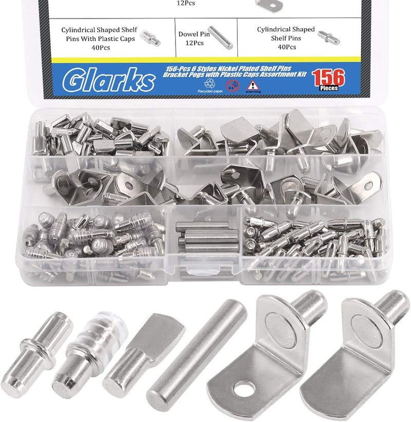 Glarks 156Pcs 6 Styles Shelf Pins Kit, Nickel Shelf Support Pegs, PVC Shelf Pins, Flat Spoon Pegs, Cylindrical Pins Holder, L-Shaped Bracket and Dowel Pins for Cabinets - Image 1