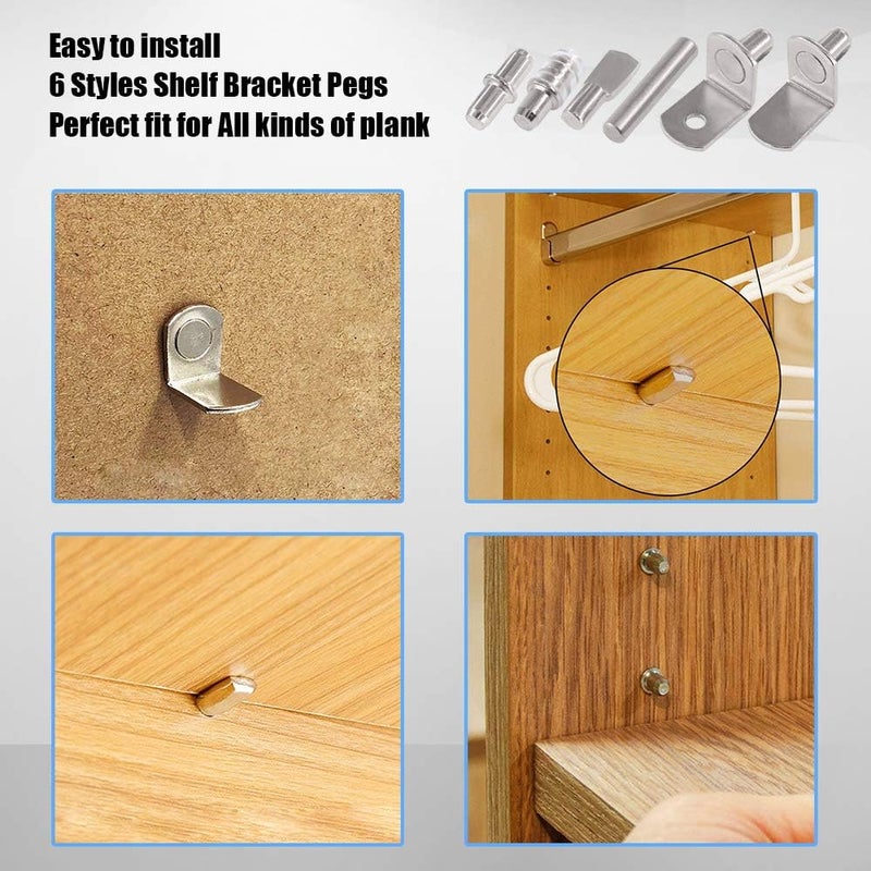 Glarks 156Pcs 6 Styles Shelf Pins Kit, Nickel Shelf Support Pegs, PVC Shelf Pins, Flat Spoon Pegs, Cylindrical Pins Holder, L-Shaped Bracket and Dowel Pins for Cabinets - Image 5