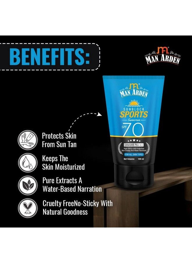 Man Arden - Sun Block Sports Sunscreen Spf 70 For All Skin Types Uva/Uvb Pa+++ High Uva & Uvb Protection Non Greasy And Water Resistant 100 Ml - Image 1