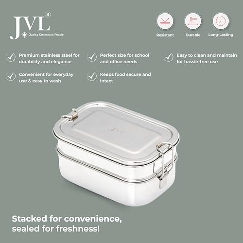 JVL Stainless Steel 2 Tier Lunch Box (Rectangle, Small) - Image 2