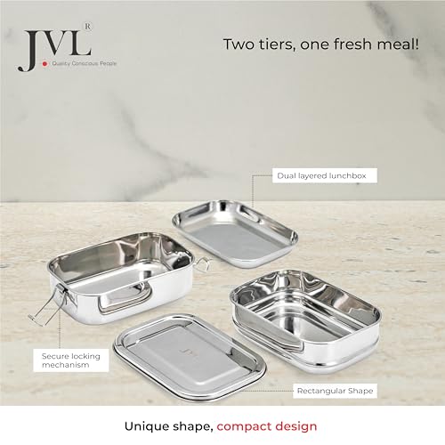 JVL Stainless Steel 2 Tier Lunch Box (Rectangle, Small) - Image 3