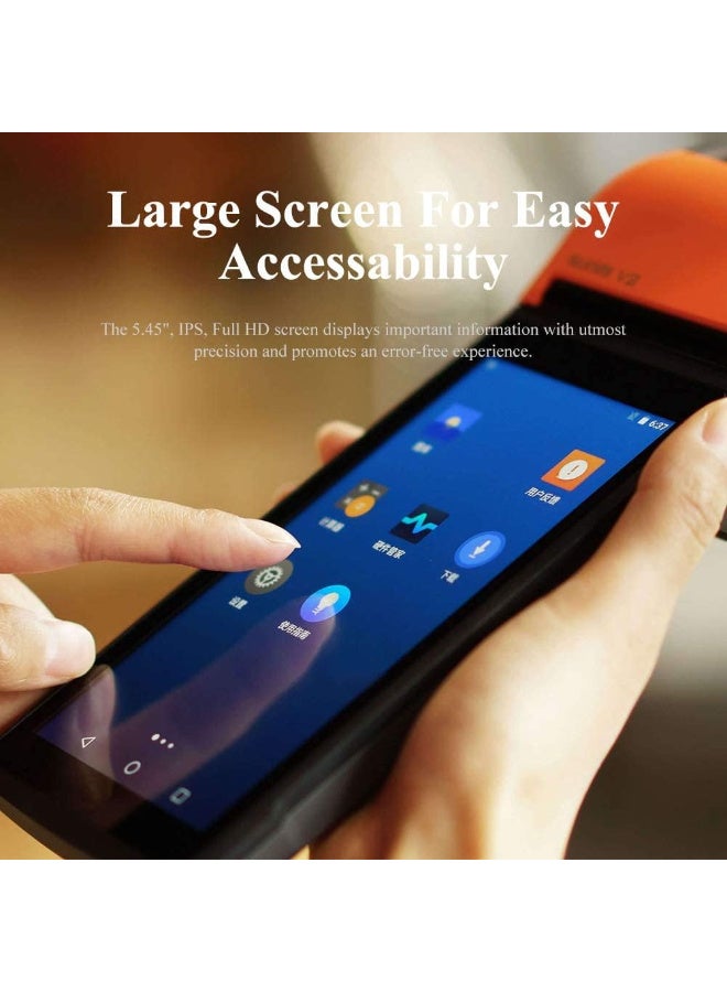 سنمي Renewed - V2 POS Terminal with Receipt Printer, Speaker, Camera and Barcode Scanner All in One Handheld PDA Printer / 5.45" HD Touchscreen - Android 7.1 System, Support 4G, WiFi and Bluetooth - T5930 orange - Image 4