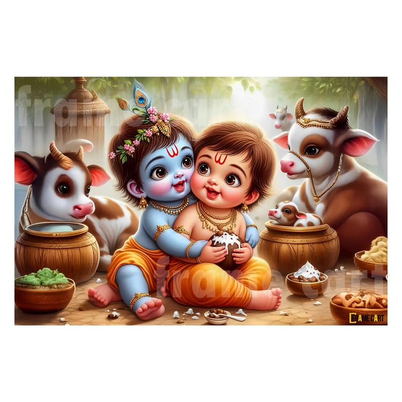 Frame Cart Baby Krishna Poster - Bal Gopal Photo | Kanha Ji Religious photo for Pregnant Women Bedroom Wall | Unframed Vinyl Poster 12x18 (Design 05) - Image 1