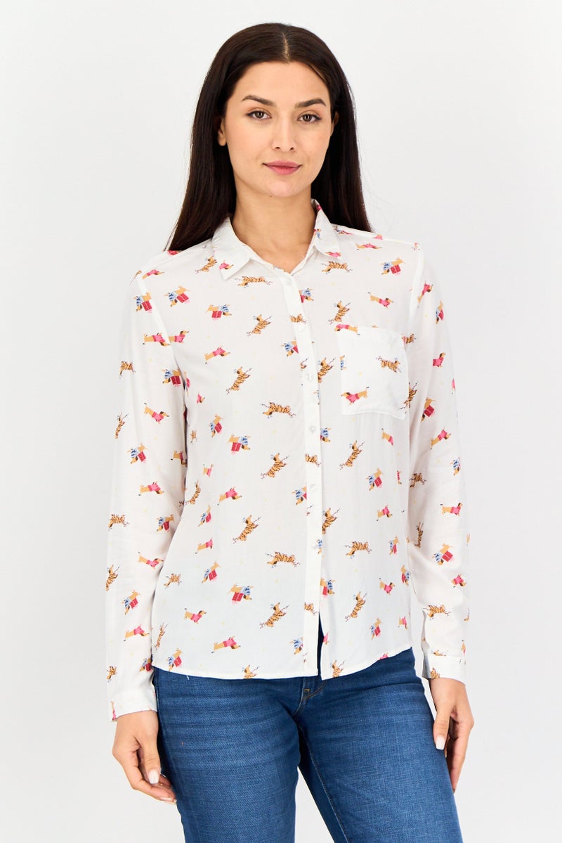 Sinsay Women Spread Collar Allover Print Long Sleeves Shirt, Multicolor - Image 1