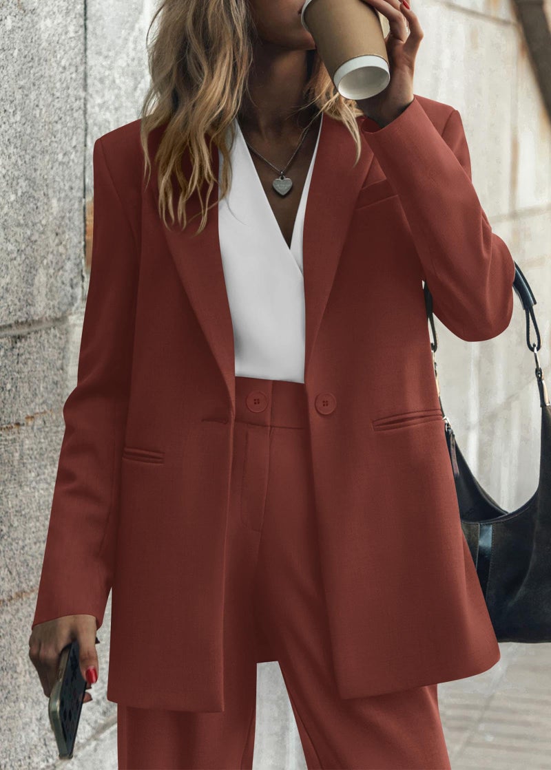 KIRUNDO Women Suits 2 Piece Set Business Casual Dressy Oversized Blazer Jacket and Wide Leg Dress Pantsuits Formal Outfits(Brown Red, Large) - Image 3
