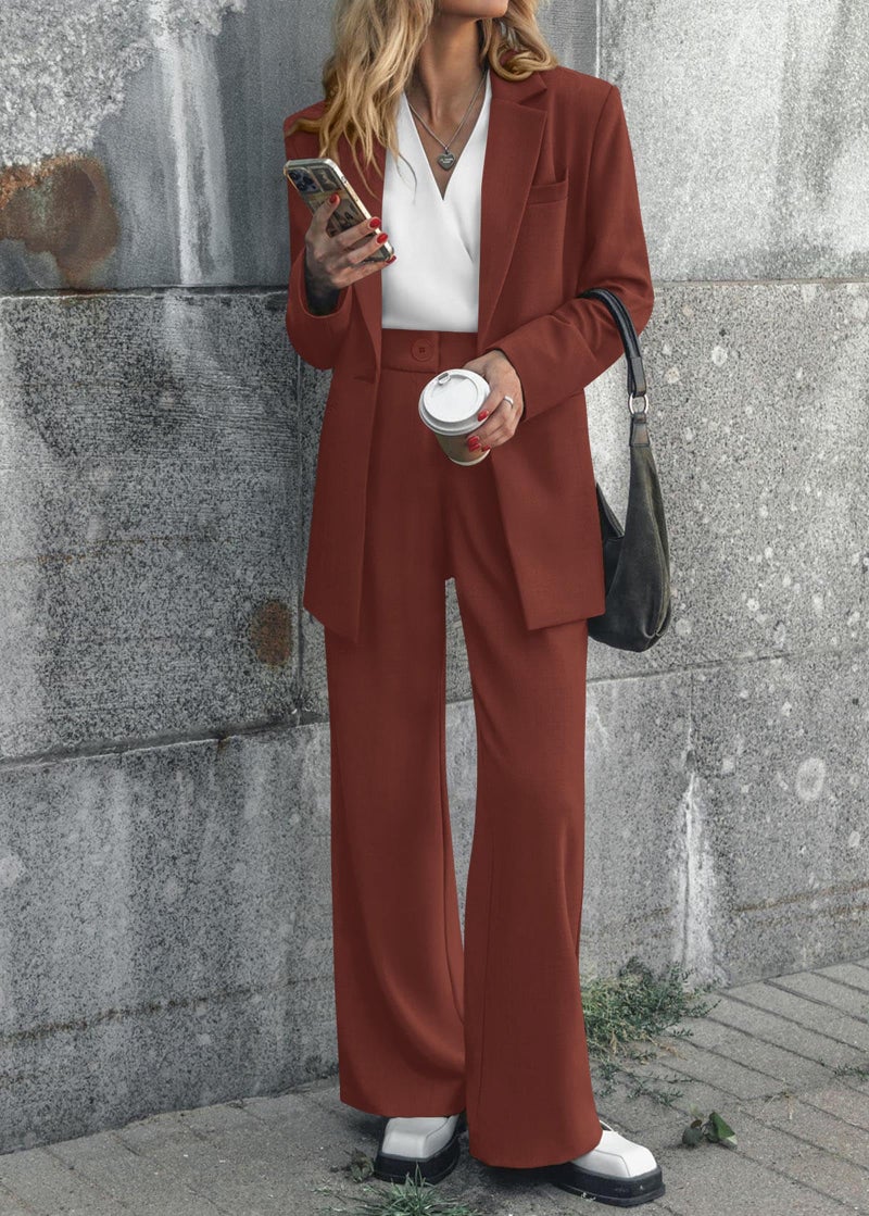 KIRUNDO Women Suits 2 Piece Set Business Casual Dressy Oversized Blazer Jacket and Wide Leg Dress Pantsuits Formal Outfits(Brown Red, Large) - Image 2