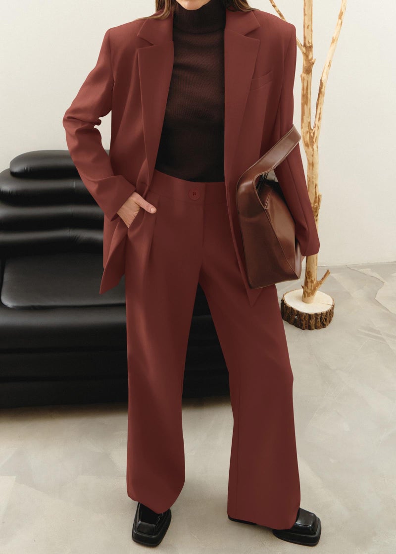 KIRUNDO Women Suits 2 Piece Set Business Casual Dressy Oversized Blazer Jacket and Wide Leg Dress Pantsuits Formal Outfits(Brown Red, Large) - Image 5