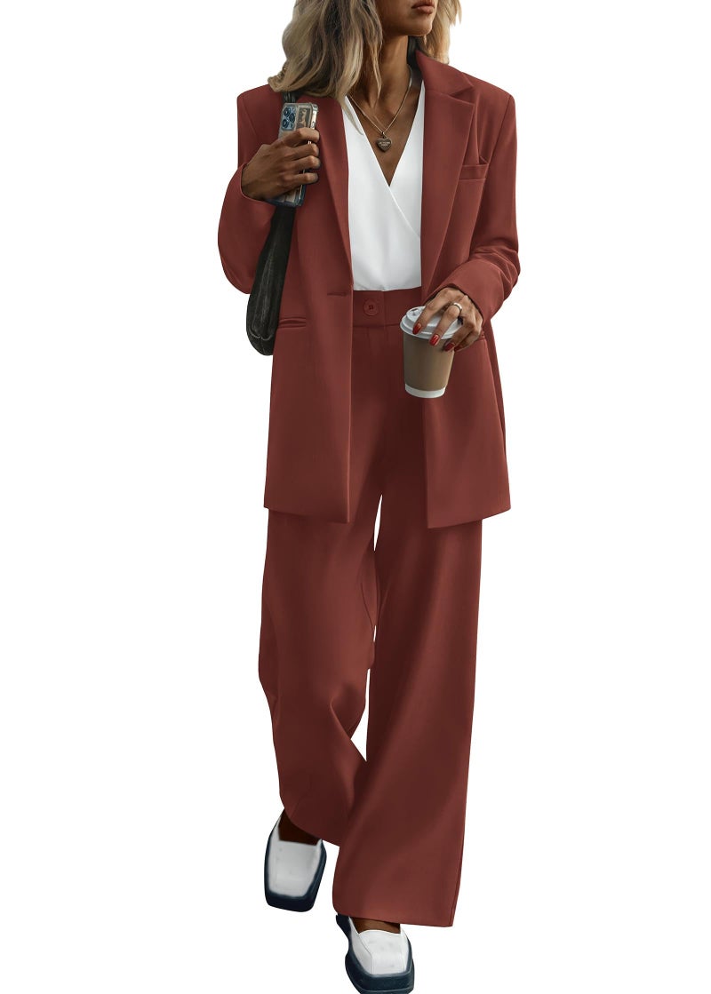 KIRUNDO Women Suits 2 Piece Set Business Casual Dressy Oversized Blazer Jacket and Wide Leg Dress Pantsuits Formal Outfits(Brown Red, Large) - Image 1