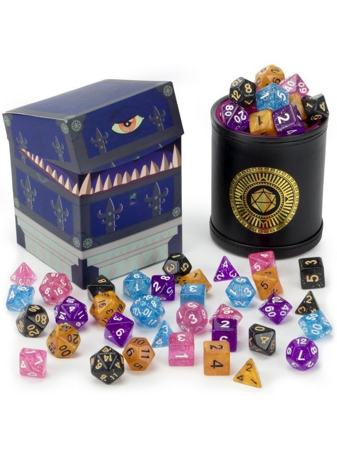 Wiz Dice Wiz Dice Cup of Wonder - 35 Polyhedral DND Dice & Dice Shaker Cup & Box for Storage (5 Set of 7 Unique Colors) -Polyhedral Role Playing Dice in Unique Colors - DND Accessories for TTRPG Dice Games  - Image 1