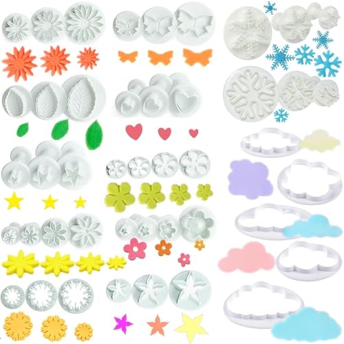 RHLOVY Flower Cookie Cutters,Cake Tools 44 Pcs Snowflake Cookie Cutter Cloud Fondant Cake Plunger Sugarcraft Flowers Leaf Butterfly Heart Shape Decorating Mold DIY Icing Plunger Cutters - Image 1