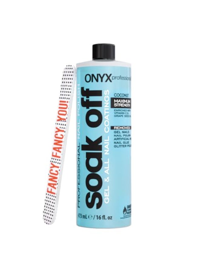 Onyx Professional Coconut Scented Nail Polish Remover with Nail File 16 oz Maximum Strength Soak Off Gel Polish Remover Vitamin E Grape Seed Oil Enriched Nourishing Formula - Image 1