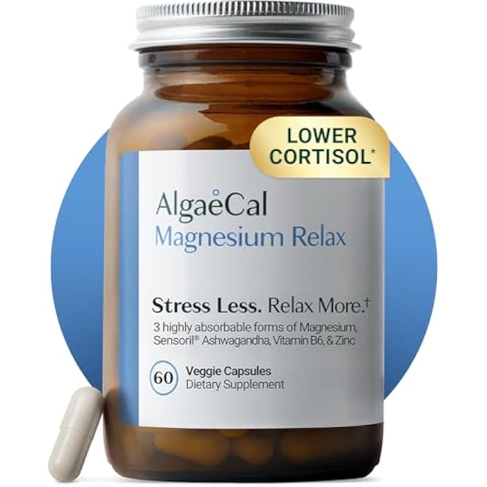 AlgaeCal Magnesium Relax™ – Chelated Magnesium Glycinate 350mg with Sensoril Ashwagandha, Magnesium Supplement for Sleep & Anxiety, Cortisol Reducer for Women & Men, 60 Capsules (1 Pack) - Image 1