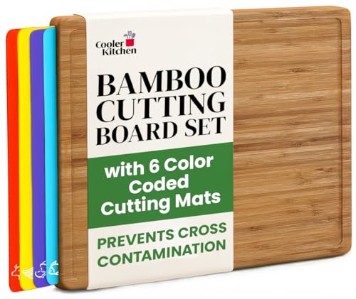 Cooler Kitchen Bamboo Wood Cutting Board Set with 6 Color Coded Flexible Plastic Chopping Mats with Food Icons Wooden Cutting Boards for Kitchen Wooden Chopping Board Non Toxic Dishwasher Safe