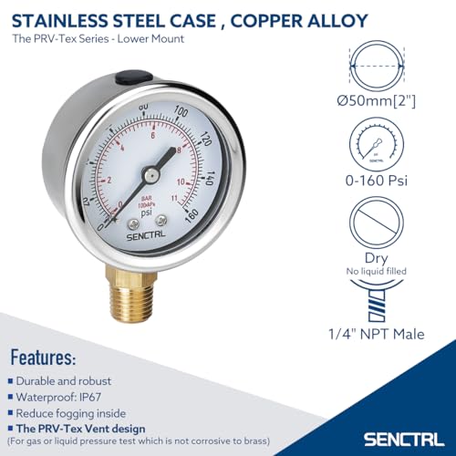SENCTRL 0-160 Psi Pressure Gauge, 2" Dial, 1/4 NPT Lower Mount, Waterproof, Stainless Steel Case, for Pneumatic Regulator Air Compressor RV Regulator Water Tire Pressure Test - Image 2