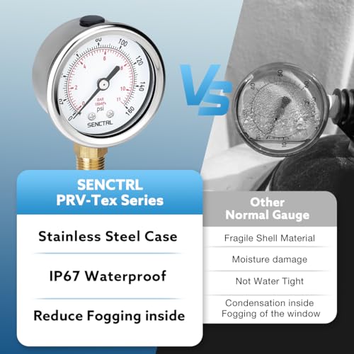 SENCTRL 0-160 Psi Pressure Gauge, 2" Dial, 1/4 NPT Lower Mount, Waterproof, Stainless Steel Case, for Pneumatic Regulator Air Compressor RV Regulator Water Tire Pressure Test - Image 3