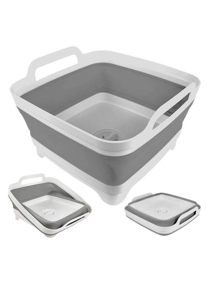 حوض غسيل قابل للطي مع سدادة تصريف، حوض محمول سعة 2.4 جالون لزجاجات الأطفال والتخييم والسيارات الترفيهية وغسل الأطباق، تصميم موفر للمساحة (رمادي) - Image 1