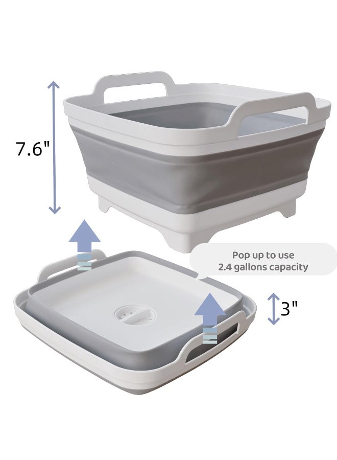 حوض غسيل قابل للطي مع سدادة تصريف، حوض محمول سعة 2.4 جالون لزجاجات الأطفال والتخييم والسيارات الترفيهية وغسل الأطباق، تصميم موفر للمساحة (رمادي) - Image 2