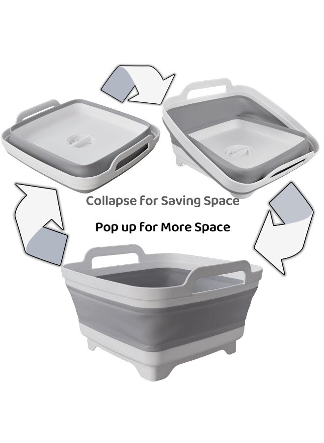 حوض غسيل قابل للطي مع سدادة تصريف، حوض محمول سعة 2.4 جالون لزجاجات الأطفال والتخييم والسيارات الترفيهية وغسل الأطباق، تصميم موفر للمساحة (رمادي) - Image 3