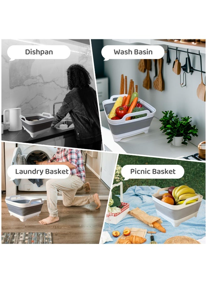 حوض غسيل قابل للطي مع سدادة تصريف، حوض محمول سعة 2.4 جالون لزجاجات الأطفال والتخييم والسيارات الترفيهية وغسل الأطباق، تصميم موفر للمساحة (رمادي) - Image 5