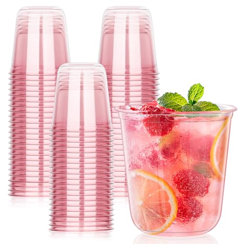 KesaPlan 100 Pcs Pink Plastic Cups, 12oz Disposable Stemless Wine Glasses for Cocktail Cute Clear Cocktail Wine Glasses Pink Party Cups for Valentine's Galentine's Day Wedding Christmas Party - Image 1