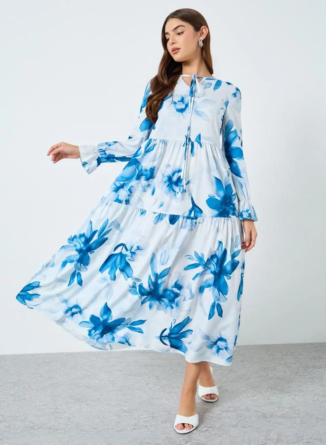 Take Two Floral Printed Tie-Up Neck Long Sleeve Midi Dress