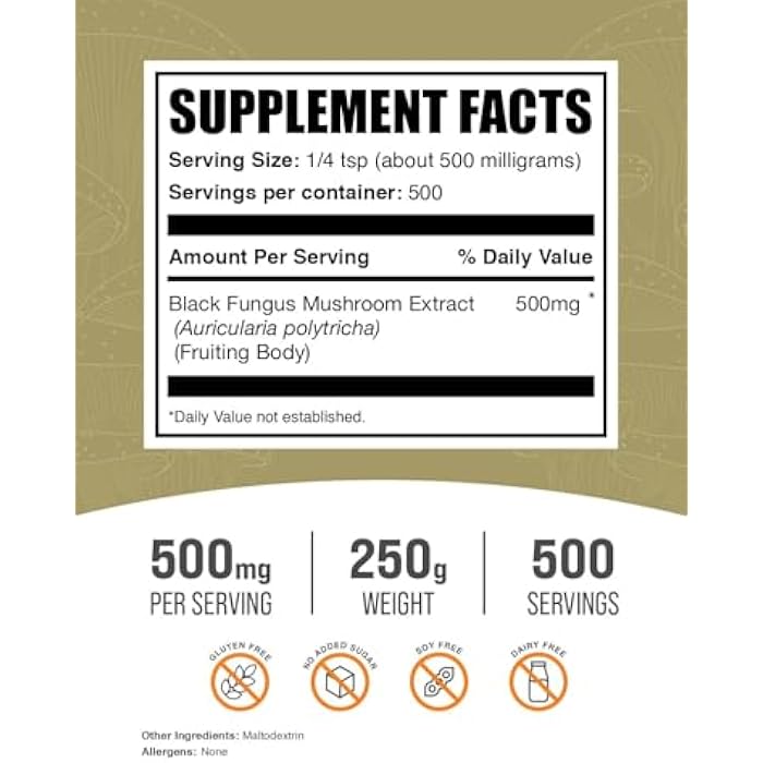 BulkSupplements.com Black Fungus Mushroom Extract Powder - Wood Ear Mushrooms Powder - Vegan & Gluten Free, 500mg per Serving, 250g (8.8 oz) (Pack of 1) - Image 2