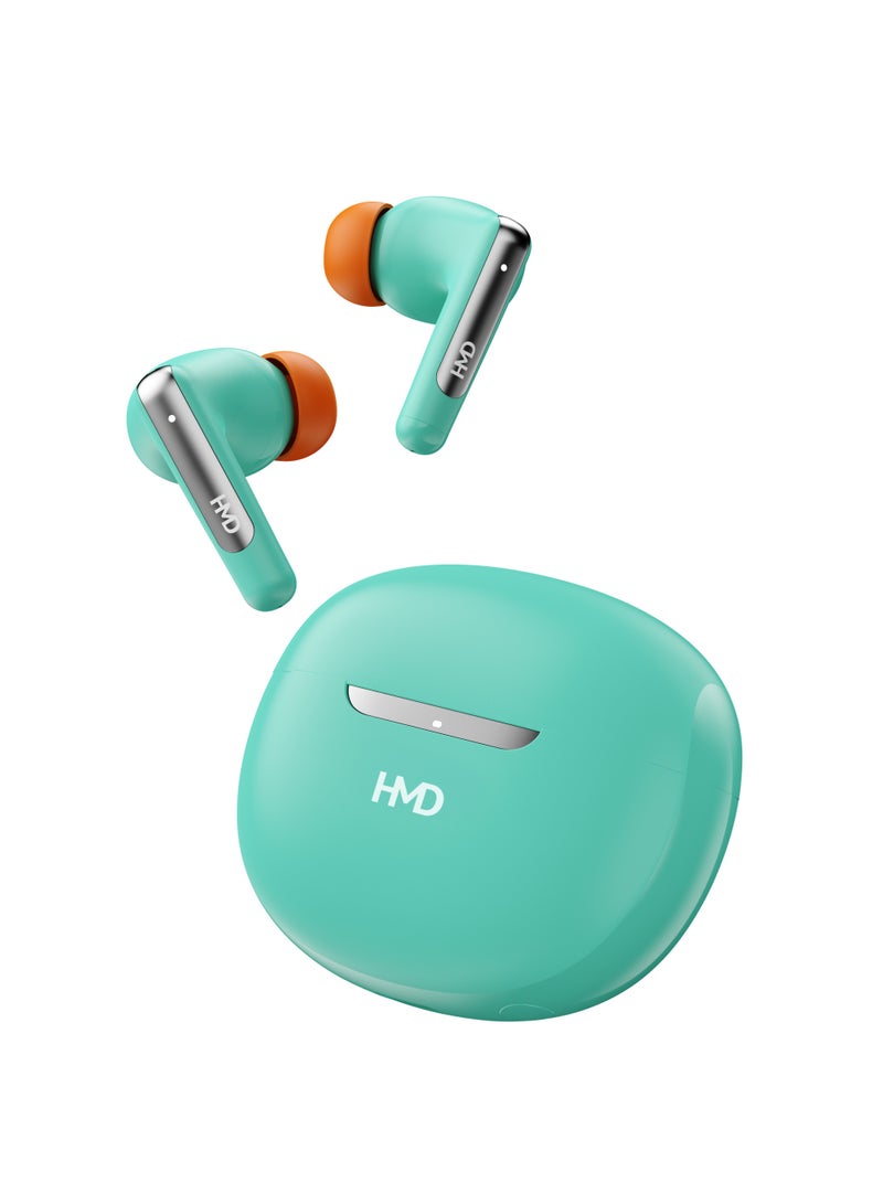 HMD DUB P60 True Wireless Earbuds, 10mm Drivers, Active Noise Cancellation, 4 Mic ENC for Clear Calls, 30 Hours Playtime, Low Latency Mode, IPX4, Instant Open and Pair, Fast Charging Green - Image 1