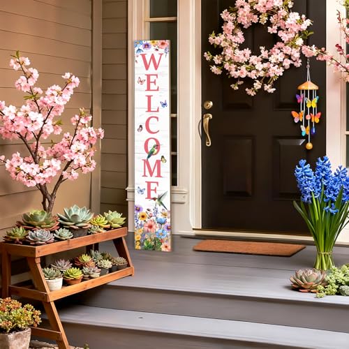 KAPLIPE Hummingbird Welcome Sign for Front Door, Summer Porch Sign Tulip Flowers Outdoor Yard Sign Seasonal Tall Floral Welcome Porch Sign Wildflowers Wood Door Sign for Garden Patio Wall Home Decor - Image 4