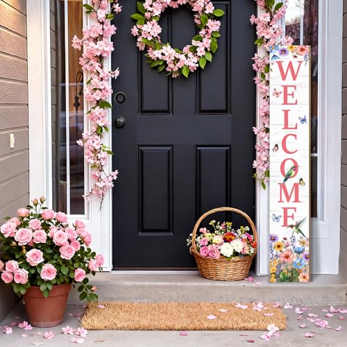 KAPLIPE Hummingbird Welcome Sign for Front Door, Summer Porch Sign Tulip Flowers Outdoor Yard Sign Seasonal Tall Floral Welcome Porch Sign Wildflowers Wood Door Sign for Garden Patio Wall Home Decor - Image 3