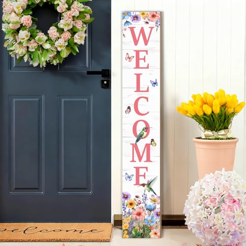 KAPLIPE Hummingbird Welcome Sign for Front Door, Summer Porch Sign Tulip Flowers Outdoor Yard Sign Seasonal Tall Floral Welcome Porch Sign Wildflowers Wood Door Sign for Garden Patio Wall Home Decor - Image 1