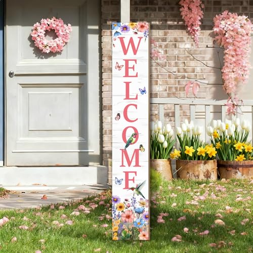 KAPLIPE Hummingbird Welcome Sign for Front Door, Summer Porch Sign Tulip Flowers Outdoor Yard Sign Seasonal Tall Floral Welcome Porch Sign Wildflowers Wood Door Sign for Garden Patio Wall Home Decor - Image 2