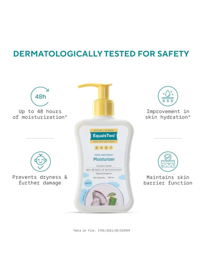 EQUALSTWO by Zydus Baby Moisturizer, 200ml, 100% Natural Coconut based Daily Baby Skin Care Body Lotion for Nourishing Skin, All Skin Types, PH 5.5, Dermatalogically Tested, No Parabens No Sulphates, (Pack 1) - Image 4