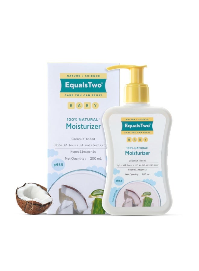 EQUALSTWO by Zydus Baby Moisturizer, 200ml, 100% Natural Coconut based Daily Baby Skin Care Body Lotion for Nourishing Skin, All Skin Types, PH 5.5, Dermatalogically Tested, No Parabens No Sulphates, (Pack 1) - Image 1