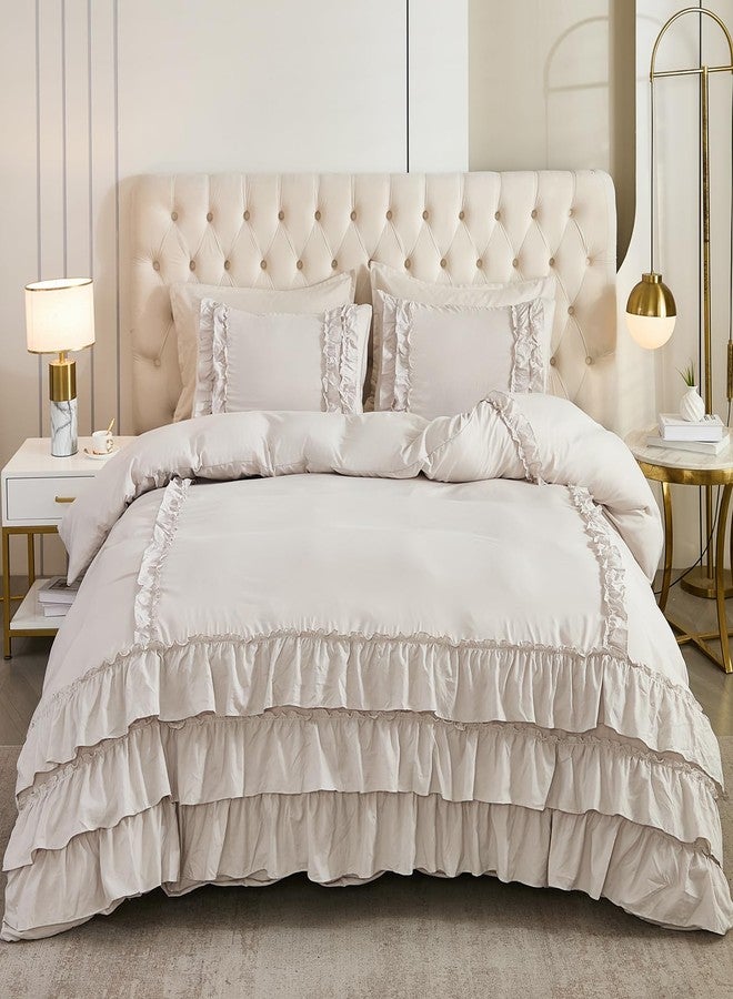 Herside Grey Comforter Set King Size,Waterfall Ruffle Shabby Chic Farmhouse Bedding Sets,Soft Fluffy Boho Comforters Sets for All Season,Vintage Ruffled 3 PCS Lightweight Quilt Set for Women Girls - Image 2