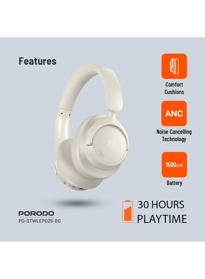 porodo Zen Hybrid Headphone with Noise Cancelling Technology & Type-C Charging Port / Low-Latency / Bluetooth V5.3 / Comfort Cushions - Beige  - Image 2