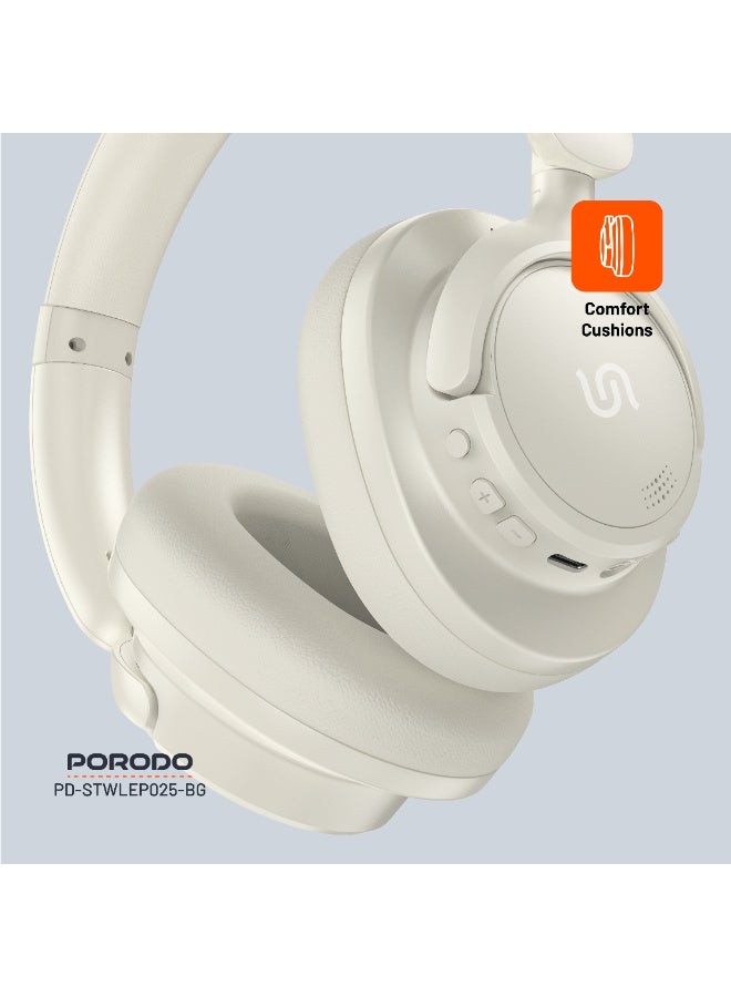 porodo Zen Hybrid Headphone with Noise Cancelling Technology & Type-C Charging Port / Low-Latency / Bluetooth V5.3 / Comfort Cushions - Beige  - Image 4