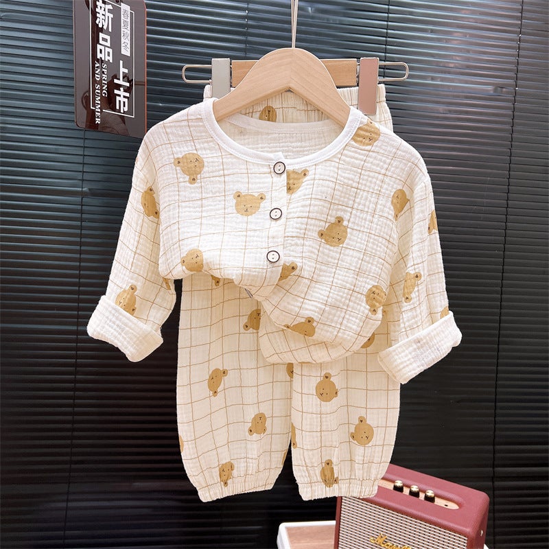 Children'S Pajamas, All-Cotton, Summer Thin Style, Double-Layer Cotton Gauze, Boys' Pajamas, Girls' Baby A-Class Air-Conditioned Home Wear Set - Image 5
