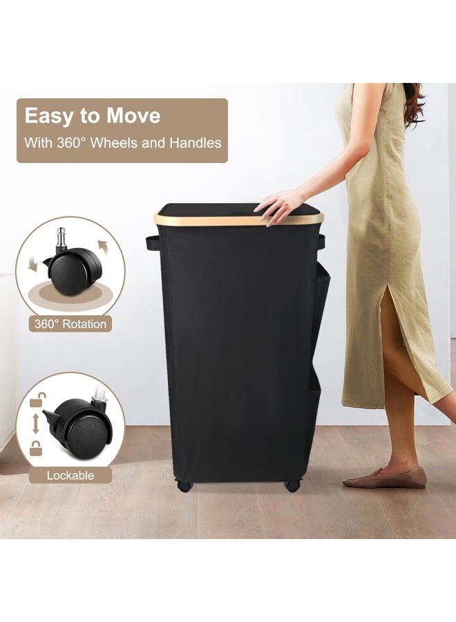 MASHDE Laundry Hamper with 4 Wheels & Removable Bag - 100L Large Capacity Collapsible Clothes Basket for Small Spaces, Heavy-Duty Storage Organizer with Side Pockets (Black) - Image 2