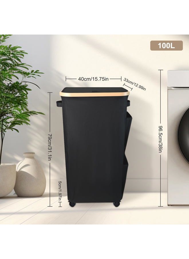 MASHDE Laundry Hamper with 4 Wheels & Removable Bag - 100L Large Capacity Collapsible Clothes Basket for Small Spaces, Heavy-Duty Storage Organizer with Side Pockets (Black) - Image 5